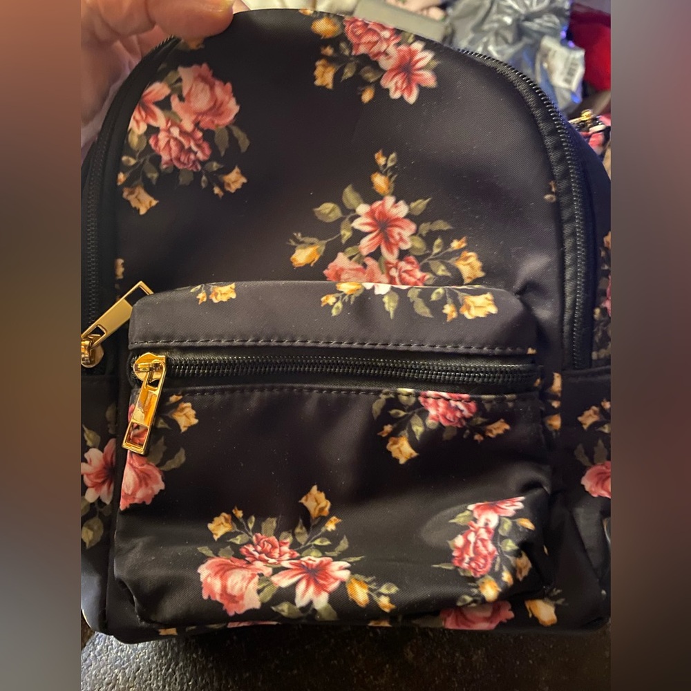 Floral Print Mini Backpack with Gold Hardware - Black Vintage Rose Pattern NWT
